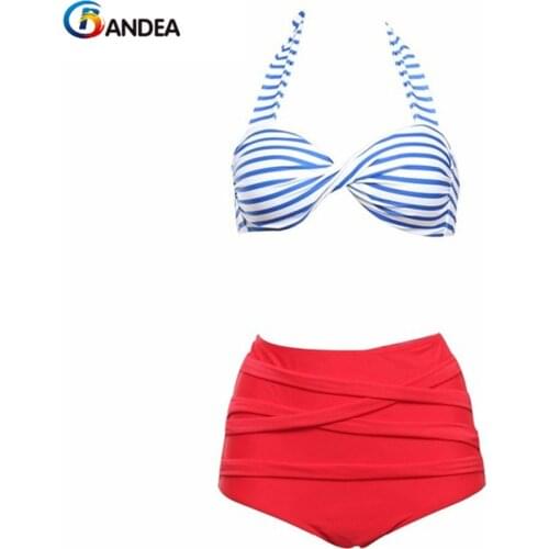 BANDEA high waist bikini plus size stripe swimsuit women halter swimwear retro red bottom swimsuit high neck bathing suit HA957