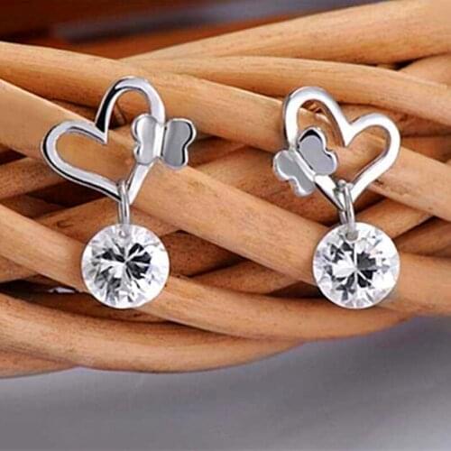 Hot Fashion Heart Earrings Crystal Butterfly Stud Earrings For Women Girls Elegant Wedding Jewelry Pendientes Mujer Moda Brincos