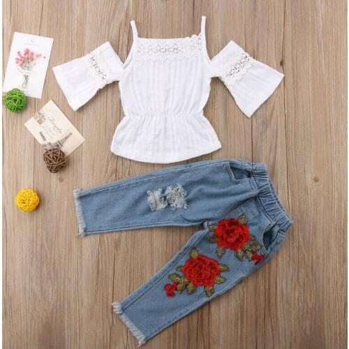 2Pcs Toddler Kids Baby Girls Off Shoulder Embroidery Denim Outfits Lace Tops Jeans Denim Pants Set Clothes Summer 1-6Y