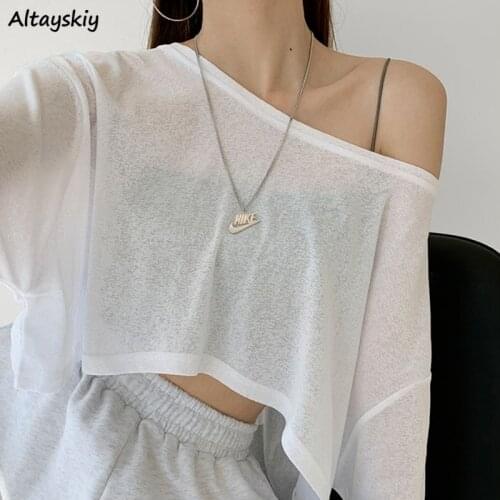 T-shirts Women Solid Color Loose Crop Top Female Thin Breathable Clothing All-match High Street Cool Hip-hop Leisure Lady O-neck