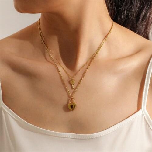 316L Fashion Street Stainless Steel Lock Key Personality Hip Hop Pendant Love Lock Double Necklace