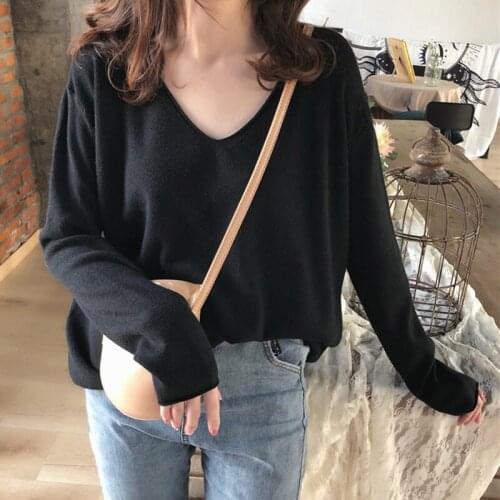 Fashion Loose V-Neck Sweaters Women Knitted Tops Autumn Long-Sleeved Sweaters