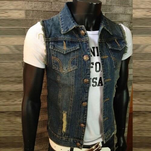 Mens' Denim Jacket Vest Jeans Coat Cool Collar Sleeveless Biker Jacket Cowboy Lapels Are Versatile Fashion Leisure