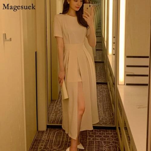 Chic Women Elegant Dress Vestidos 2021 Korean Style Summer Female Dress Party Casual Slim Short Sleeve Midi Split Dresses 15235
