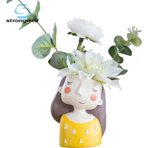 Strongwell Nordic Cute Girl Flower Pot Resin Flowerpot Plant Garden Tabletop Coffee Shop Office Home Decoration Cartoon