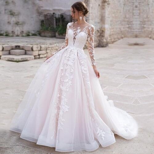Country Lace A Line Wedding Dress Applique Lace Long Sleeve Bride Dresses Court Train Wedding Gown Plus Size Robe De Mariage