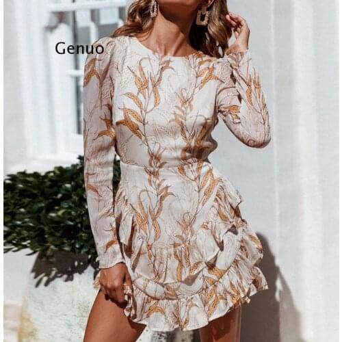 Women Floral Ruffle Dress Autumn Elegant Long Sleeve A-Line Party Dress Sexy o Neck Mini Dress Vestidos Ladie Clothes