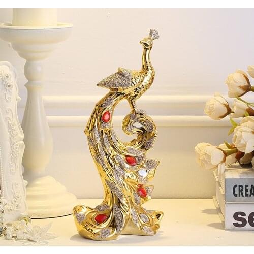 Gold Peacock Sculpture Baroque European Style Decoration Handicraft Ceramics Modern Luxury Sparkling Bird Ornament Table 2021
