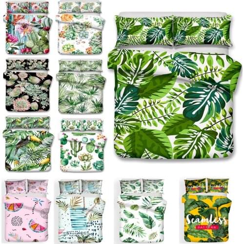 2/3 Pieces Duvet Cover Cotton Queen Size Green Leaves Bedding Set Cactus Tropical Plants Print With Zipper Ties Pillowcases