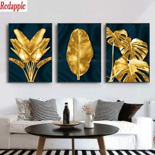 5D square round drill full diamond embroidery crystal diamond painting mosaic diy Nordic Modern Gold and Green Leaves 3 pcs set