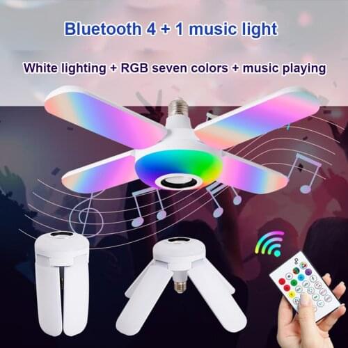 50W LED Foldable Four-Leaf Light E27 RGB Music Deformable Ceiling Lamp Colorful Intelligent Folding Fan Bulb Lamp