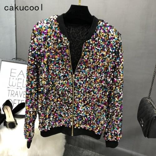 Cakucool Colorful Sequined Jacket Spring Embellish Baseball Bomber Jackets Bling Party Zipper Outerwear Jacket Feminino