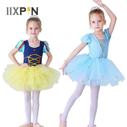 One-piece Girls Ballet Tutu Dress Kids Gymnastics Tulle Skirted Leotards Ballet Costumes Puff Short Sleeve Ballerina Dancewear
