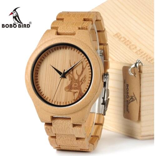 BOBOBIRD D28 Natural Bamboo Wood Watches With Deer Head Engrave Dial With Bamboo Strap For Gift