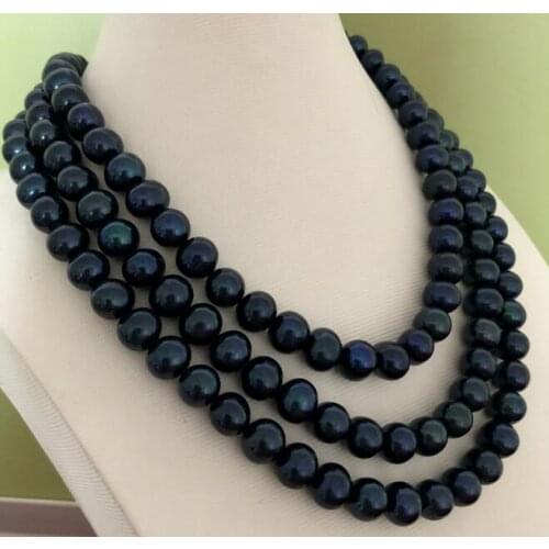 Beautiful 3row 9-10mm tahitian round black blue pearl necklace 17-19inch