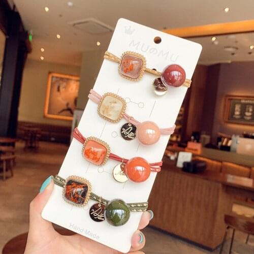 Koren Style Hot Selling Fashion Acrylic Square& Round Decor Hair Band Retro Vintage Hair Rope Women Girls Hair Rings Headpiece