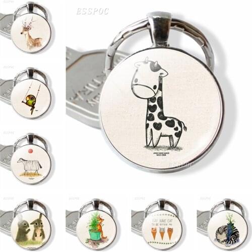 Cute Rabbit Animal Jewelry Pendant Keychian Glass Cabochon Dome Accessories Cat Deer Pattern Key Chain Ring Day Gifts