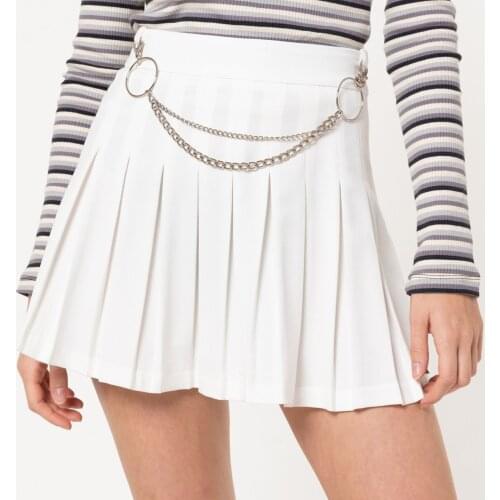Fashion New Women Mini Pleated Skirts High Waist Harajuku Solid Color A-Line Short Skirts with Metal Chain Mujer Streetwear