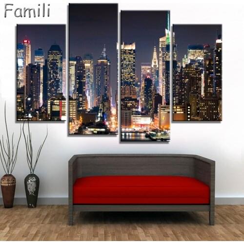 4pcs Modular Poster Board No Framed Canvas Oil Painting New York Manhattan Pictures City Landscape Wall Art For Living Room