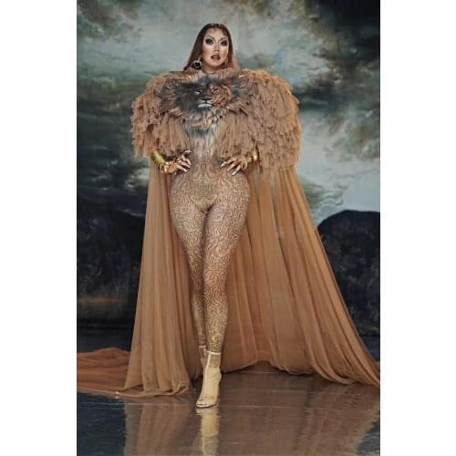 New Hot Sale Lion Pattern Jumpsuit Cloak Women Singer Sexy Stage Outfit Bar DS Dance Cosplay Bodysuit Costume Model Show Clothes