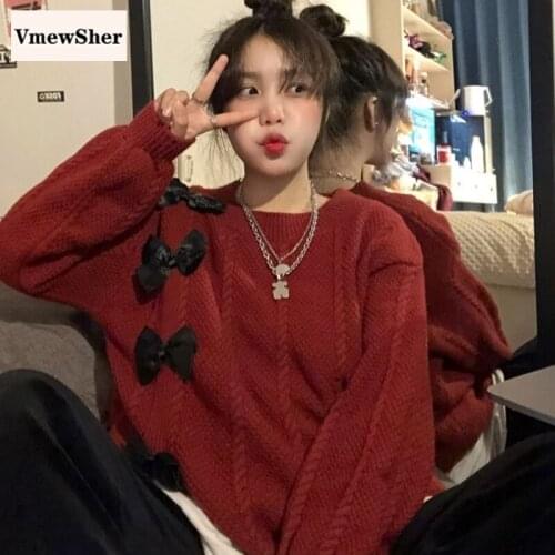 VmewSher New Chic Bow Women Sweater Spring Knitted Pullover Female Vintage O Neck Long Sleeve Solid Sweet Split Hem Jumper Tops