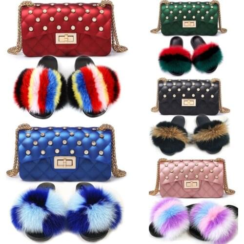 Wholesale Womens Chain Purse Fluffy Fox Fur Slippers Rhinestone Jelly Bag Shoes Sets Furry Slides Ladies Handbag Female Wallet