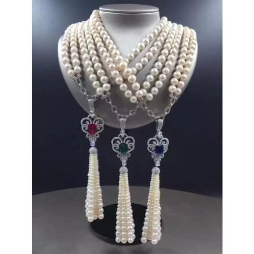 2rows freshwater pearl and red/green/blue zircon pendant necklace near round 8-9mm amazing 19-20inch wholesale