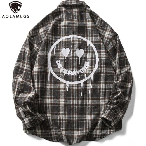 Aolamegs Autumn Mens Shirts Plaid Print Vintage Clothes Harajuku High Street Streetwear Coat Casual Long Sleeve Shirts For Men
