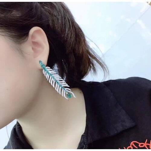 Feather earrling 925 sterling silver with cubic zircon green and white mixed color long earring fine jewelry for party