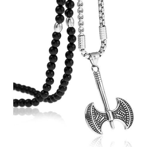 Vintage Heavy Viking Axe Stainless Steel Tomahawk Pendant Necklace with Black Natural Stone Chain 26"