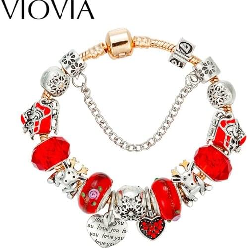 VIOVIA Christmas Gift Elk Charm Red Beads Bracelets For Women DIY Crystal Beads Bracelets & Bangles Jewelry B16134