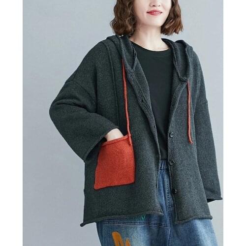 Cotton Wool Knitted Plus Size Vintage Hooded Casual Loose Autumn Woman Cardigan Sweater Female Sweaters Clothes 2021 Spring Tops