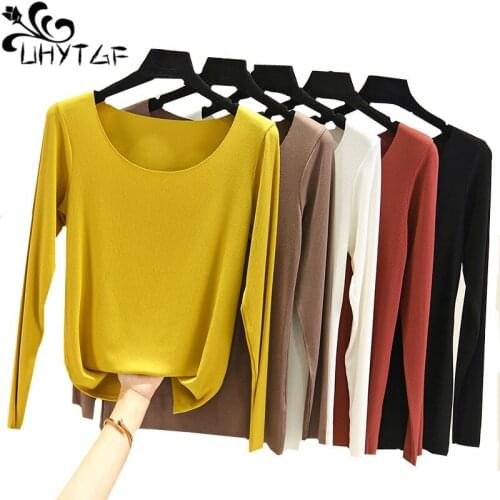 UHYTGF female T-shirt long sleeve solid color wild autumn t-shirt women O neck slim plus size top female elastic thin tshirt 637
