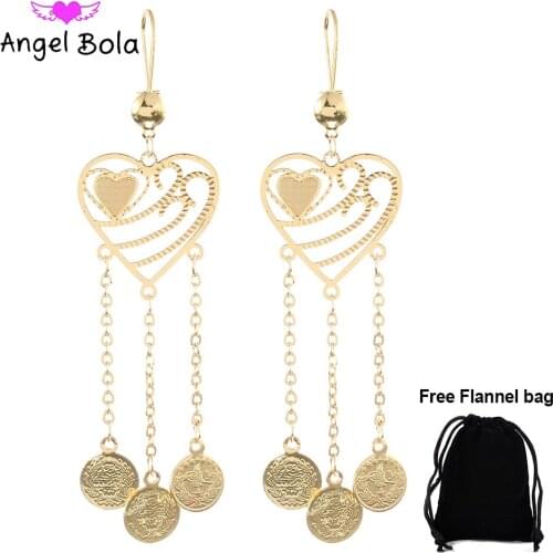 Dubai Womens Peach Heart-shaped Earrings Fashion Jewelry Gifts Muslim High-end Luxury Metal Long Tassel Pendant Earrings
