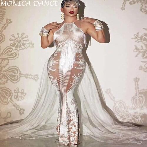 Women Sexy Nude White Dress Tail Dance Costume Birthday Celebrate Performance Stretch Dress Wear Bar Prom Singer Dance Dress
