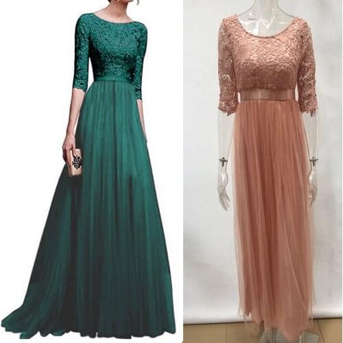 2019 New Elegant half Sleeve Chiffon Lace Stitching Women Party Prom Evening Long Dress Female Maxi Dresses Clothing Plus size