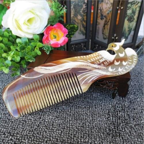 2pcs Phoenix design Natural Buffalo horn Comb for hair massage Wide Tooth anti-static head Massage Hair Brush combs hairbrush