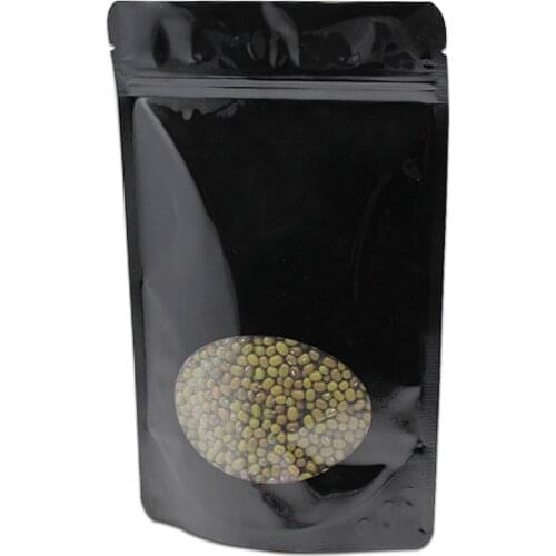 50Pcs Stand Up Glossy Black Pure Aluminum Foil Zip Lock Package Bag with Round Clear Window for Food Snack Storage Mylar Pouch