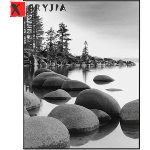 Home art Diamond Painting Black and white landscape with rock on the river 5d DIY Diamond Embroidery Square Round Diamond Mosaic