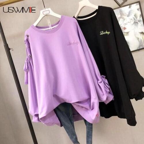 Free Shipping Women Hoodies Fashion Streetwear Plus Size Loose O-neck Oversized Hoodie Letter Bandage Long Sleeve Pullovers