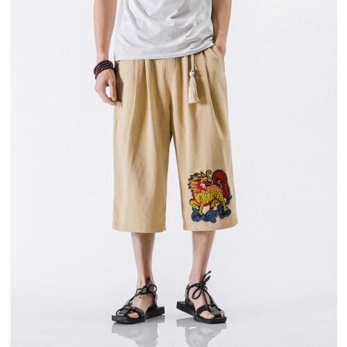 Summer Men Sweatpants Linen Embroid Loose Wide Leg bloomers Male Running Jogger Fitness Gym Casual yoga Athletic pant Activewear