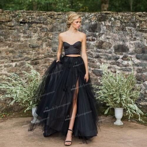 Tow Piece Black A-Line Wedding Dresses Sweetheart Neck Sleeveless Side Split Sweep/Brush Train Tulle Bride Gowns Off Shoulder