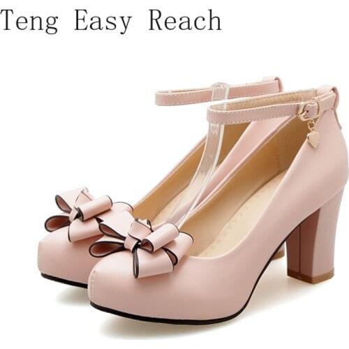 Black 2021 Spring Summer Sweet Bow Buckle Strap Butterfly-knot Mary Jane Pumps Ladies 8cm Heel Pink Lolita Shoes New Size 34-43