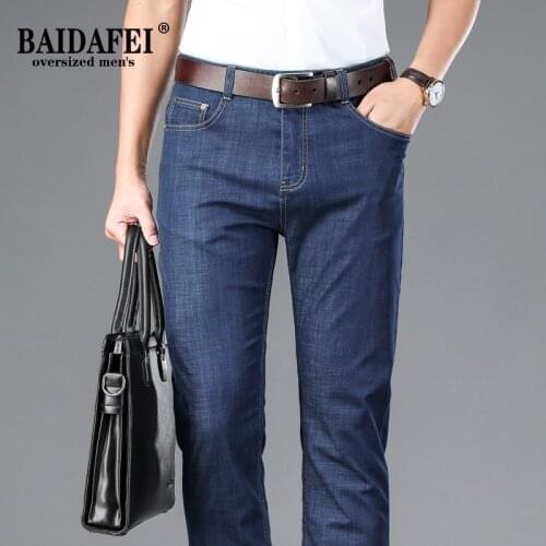 Oversized Jeans Mens Classic 5-Pocket Relaxed Fit Cotton Jean Smart Casual Dark Blue Denim Trousers Male