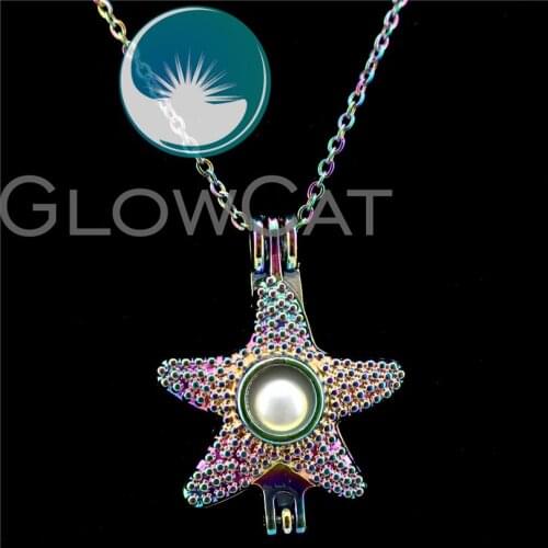 GLOWCAT C306 Rainbow Sea Starfish Beads Cage Essential Oil Diffuser Aromatherapy Pearl Cage Locket Necklace Kids Girl Gift