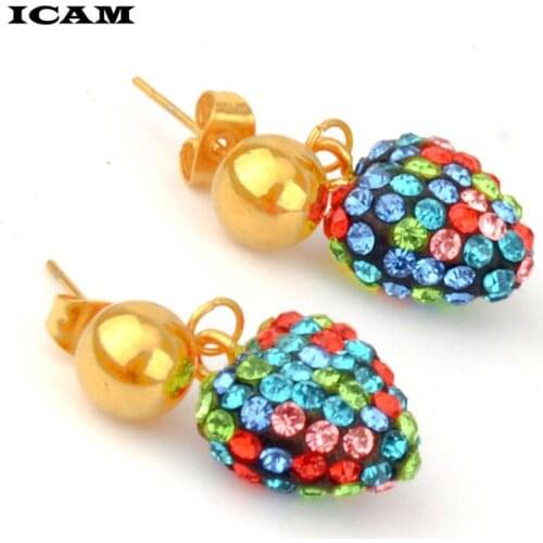 ICAM New Fashion Designer Stainless steel Jewelry Colorful Rhinestone Imitationheart Stud Earrings for Women Brincos