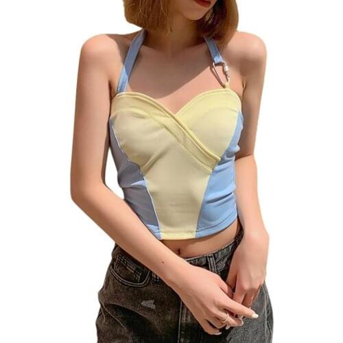 Women Halter Crop Tank Tops Trendy Sleeveless Color Block Slim Fit Camisole with Metal Clip