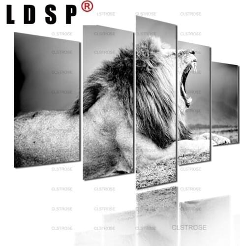 LDSP 5Panels Decorative Canvas Painting Power and Grandeur Lion Gray Home Bedroom Living Room Animal Poster HD Modern Home Decor