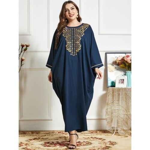 Muslim Embroidery Long Dress Abaya Embroidery Bat Sleeve Loose Casual Arab Jilbab Turkish Ramadan Islamic Maxi Robe Gown Turkish