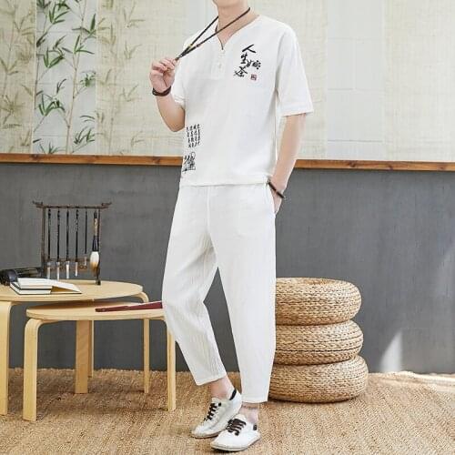 Men Summer Clothes Linen Shirt Shorts Set Breathable Tracksuit Men Fashion hinese Style Solid Color Short-sleeved Tshirt Men Set